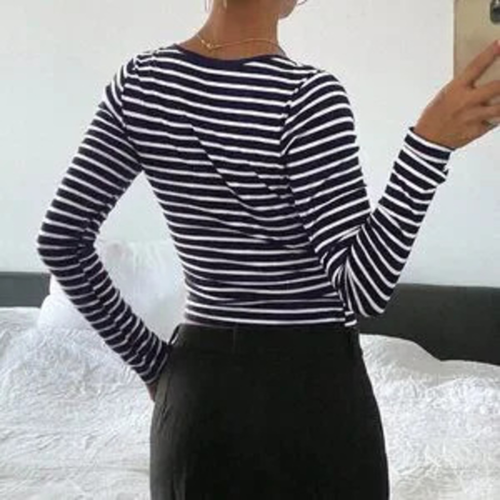 Navy Blue Casual Women's Striped Crew Neck T-Shirt
